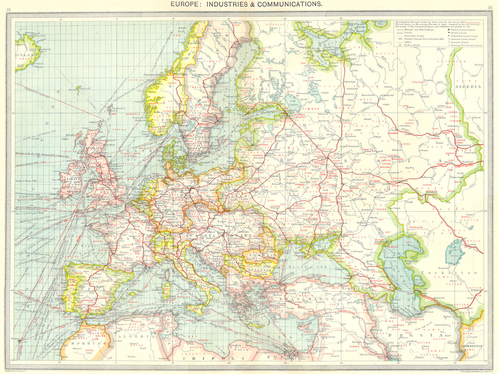 EUROPE. Europe. Industries and Communications 1907 old antique map plan chart