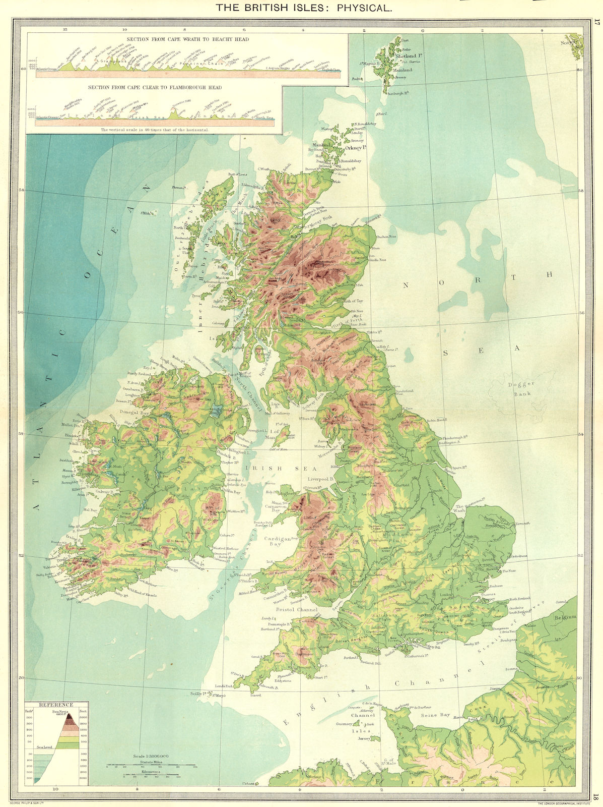 UK. The British Isles. Physical 1907 old antique vintage map plan chart