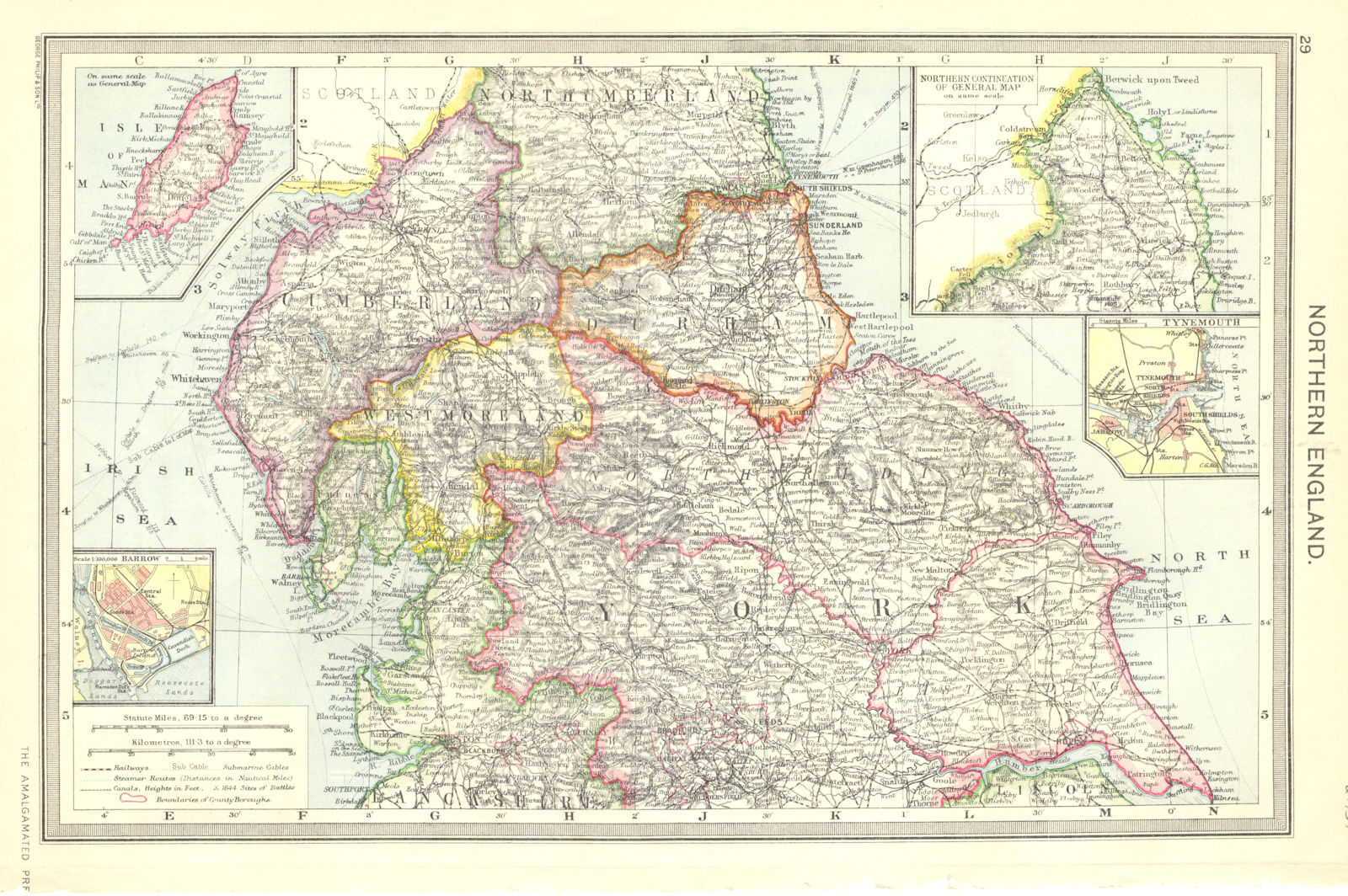 ENGLAND. Northern; map of Isle man; Continuation; Barrow; Tynemouth 1907