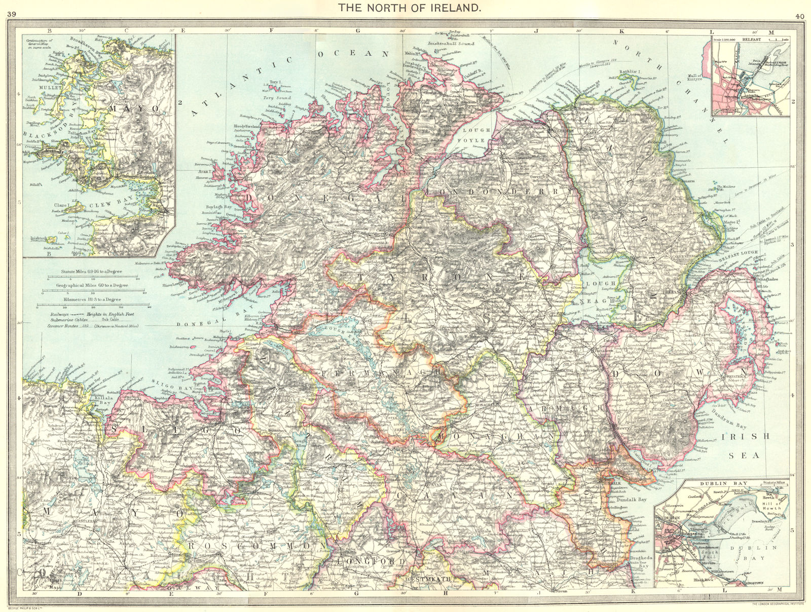IRELAND. North of; maps Belfast; Mayo; Dublin Bay 1907 old antique chart