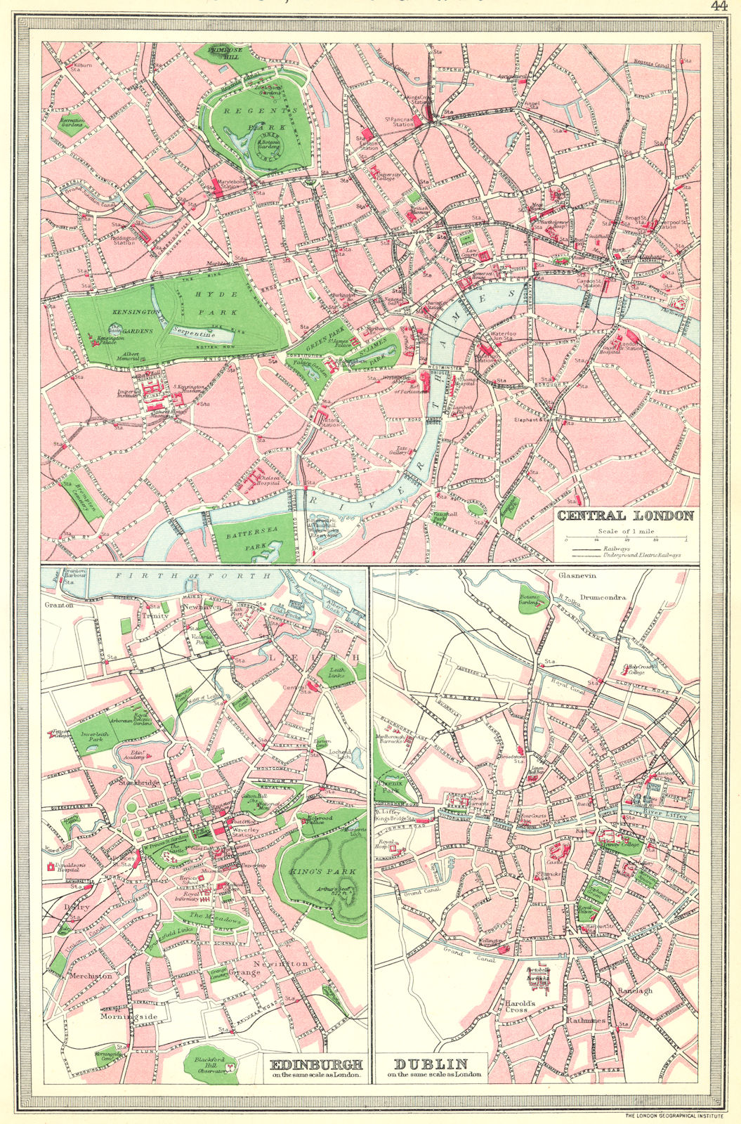 UK. Central London; Edinburgh; Dublin 1907 old antique vintage map plan chart