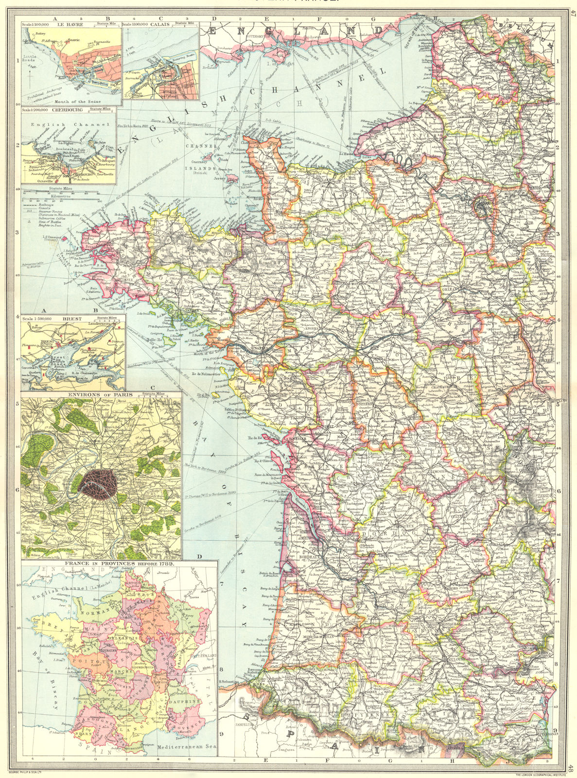 WEST FRANCE. Le Havre Calais Cherbourg Brest Paris provinces 1789 1907 old map