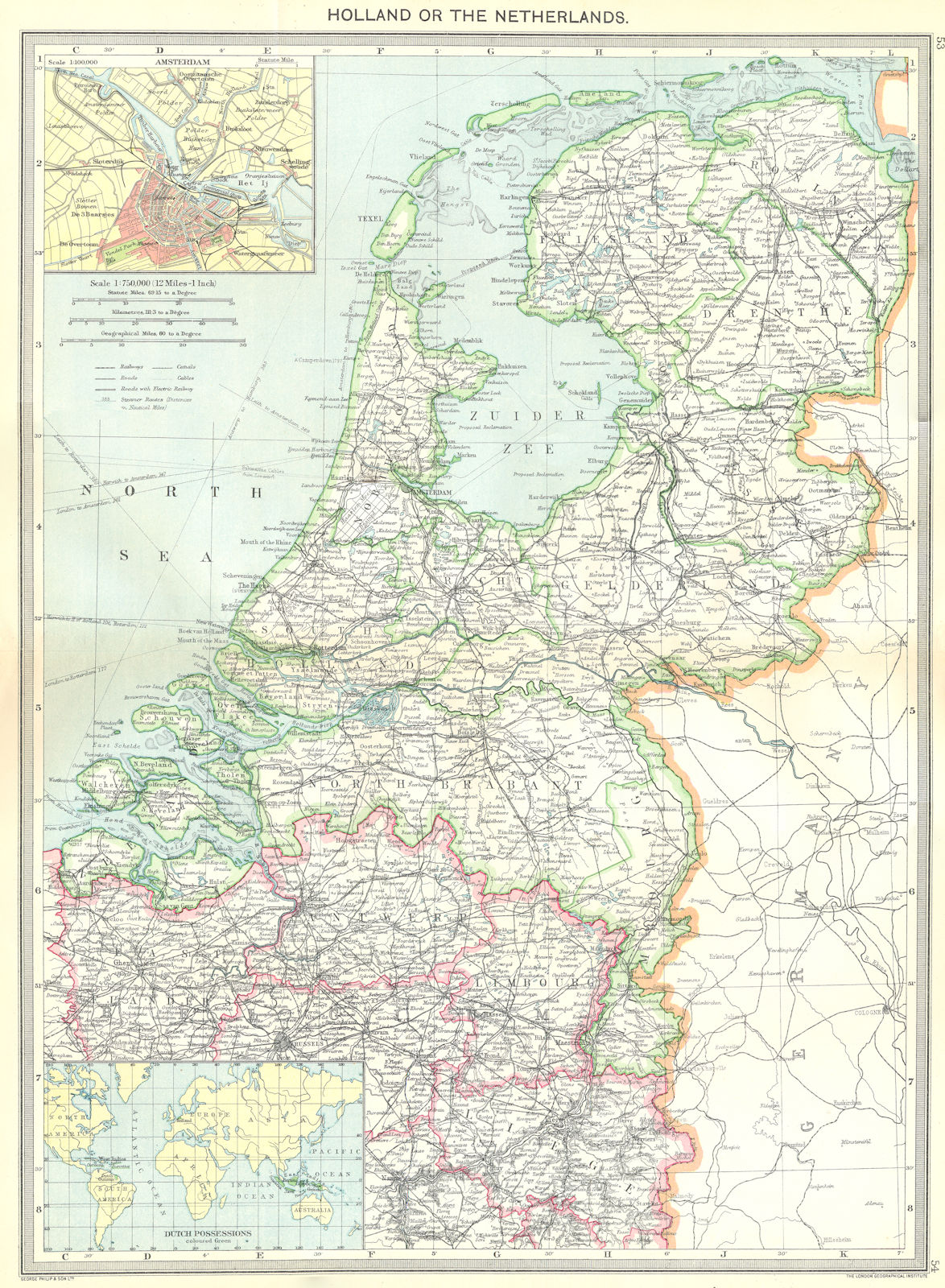 NETHERLANDS. maps of Amsterdam; Dutch Possessions 1907 old antique chart