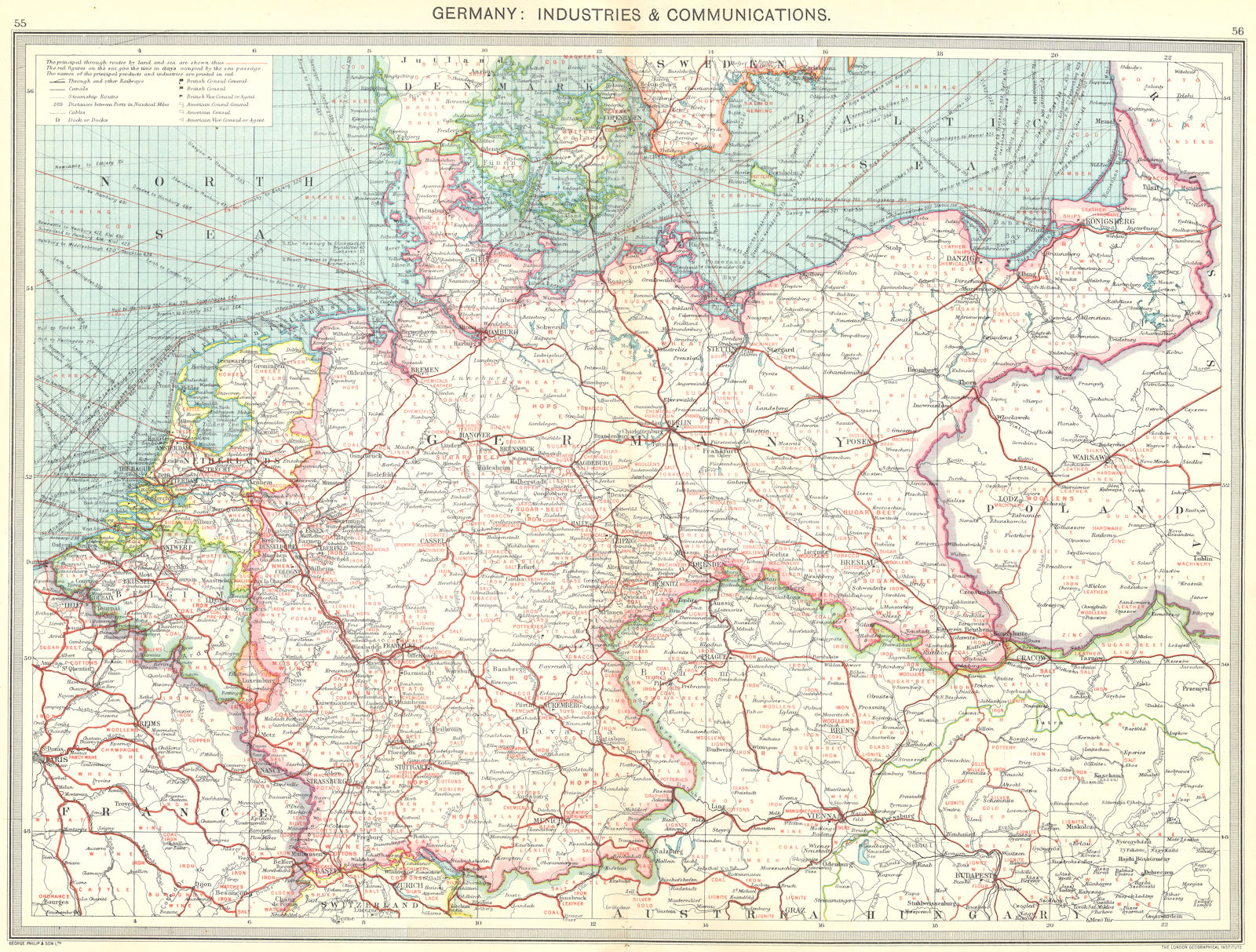 GERMANY. Germany. Industries and Communications 1907 old antique map chart