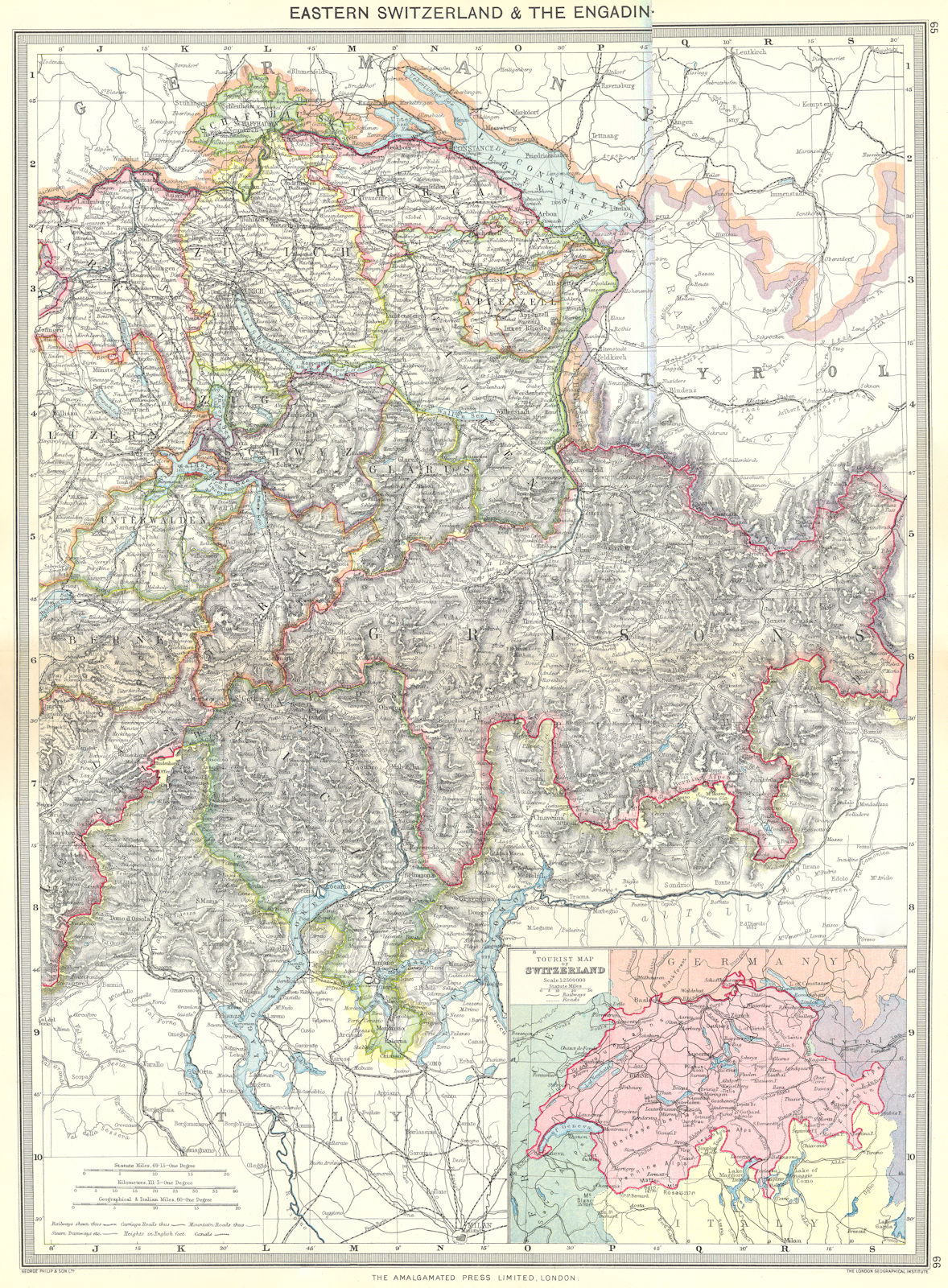 SWITZERLAND. Eastern & Engadin; map of Tourist 1907 old antique plan chart