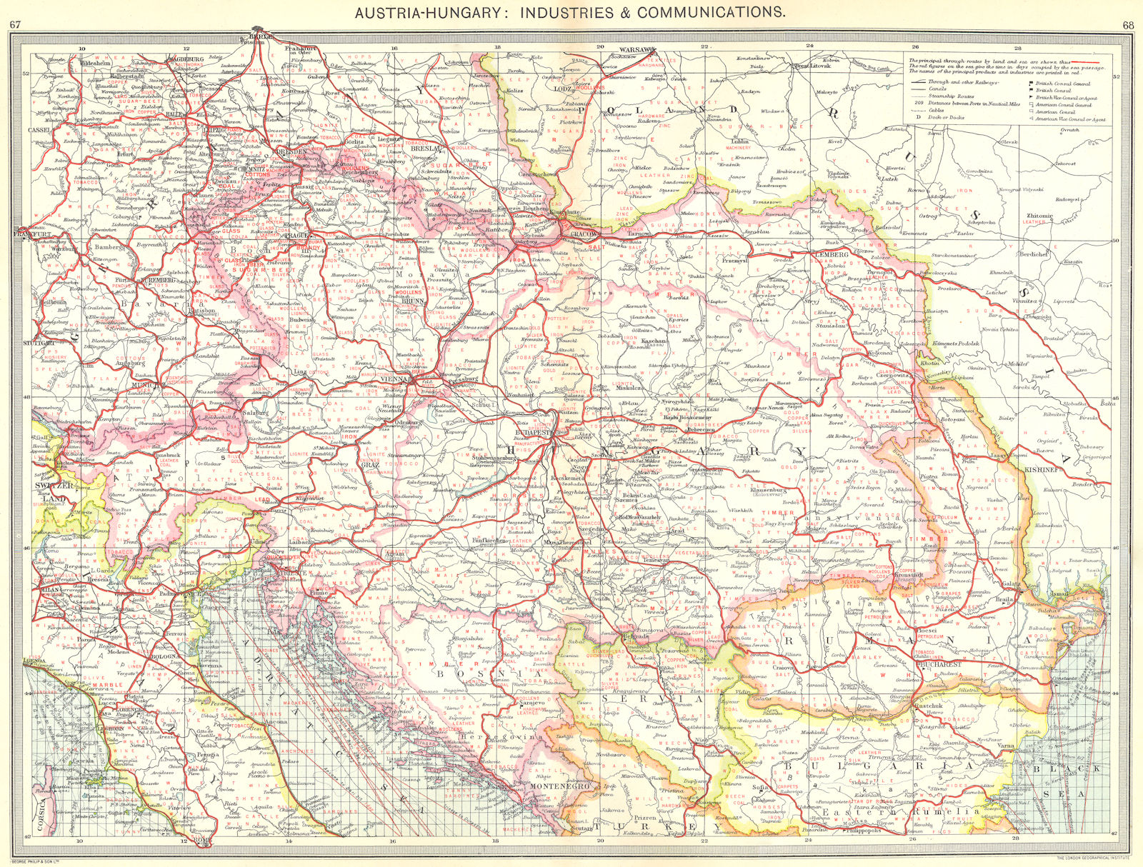 AUSTRIA. Austria-Hungary. Industries and Communications 1907 old antique map