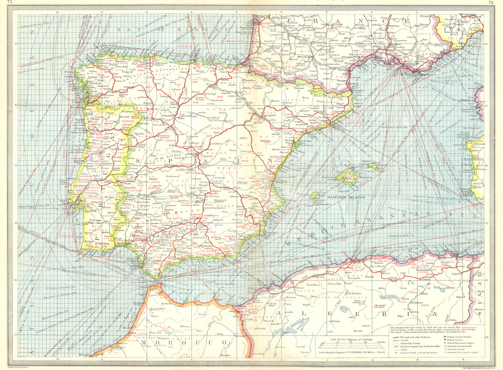 SPAIN. Spain and Portugal. Industries and Communications 1907 old antique map