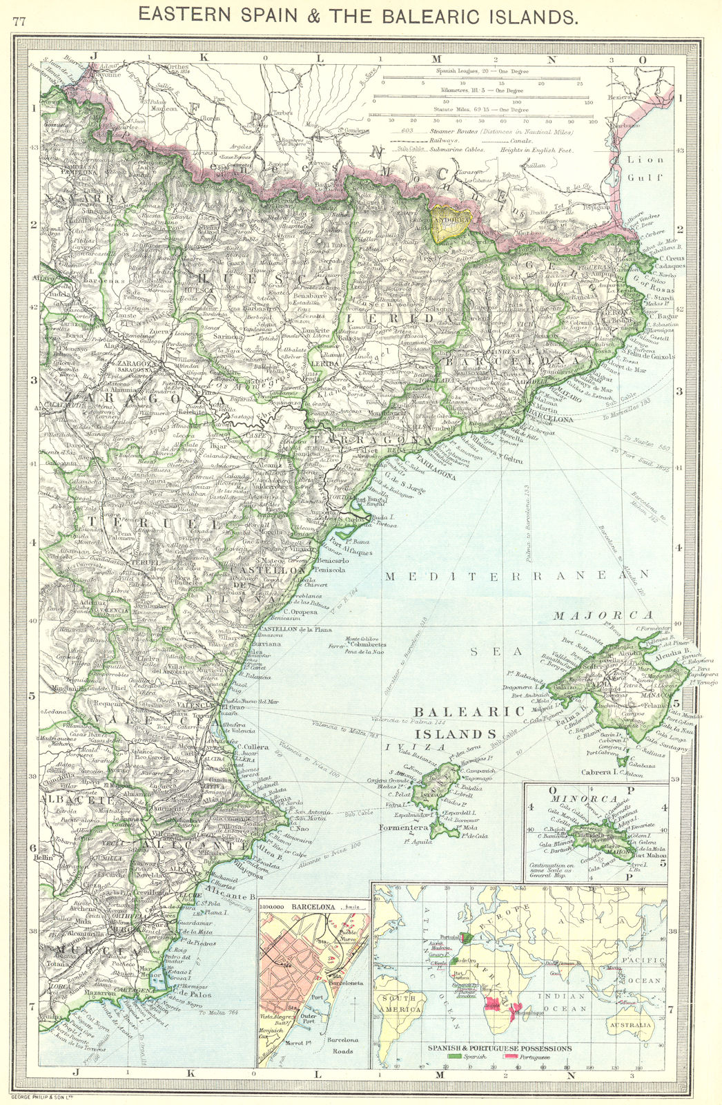 SPAIN. Eastern, Balearic Islands; Barcelona; colonies 1907 old antique map