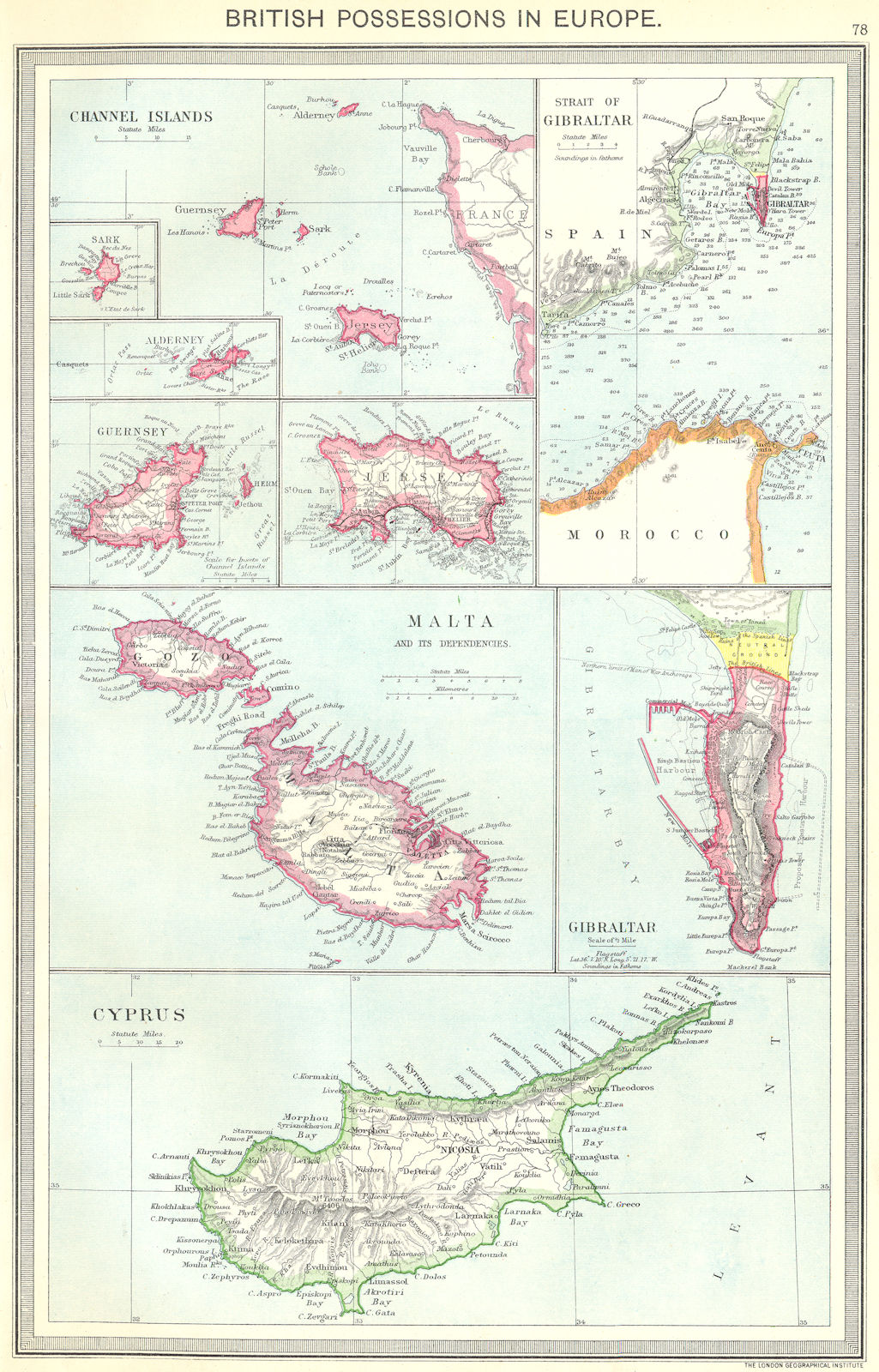 BRITISH EUROPEAN POSSESSIONS. Channel islands Gibraltar Malta Cyprus 1907 map