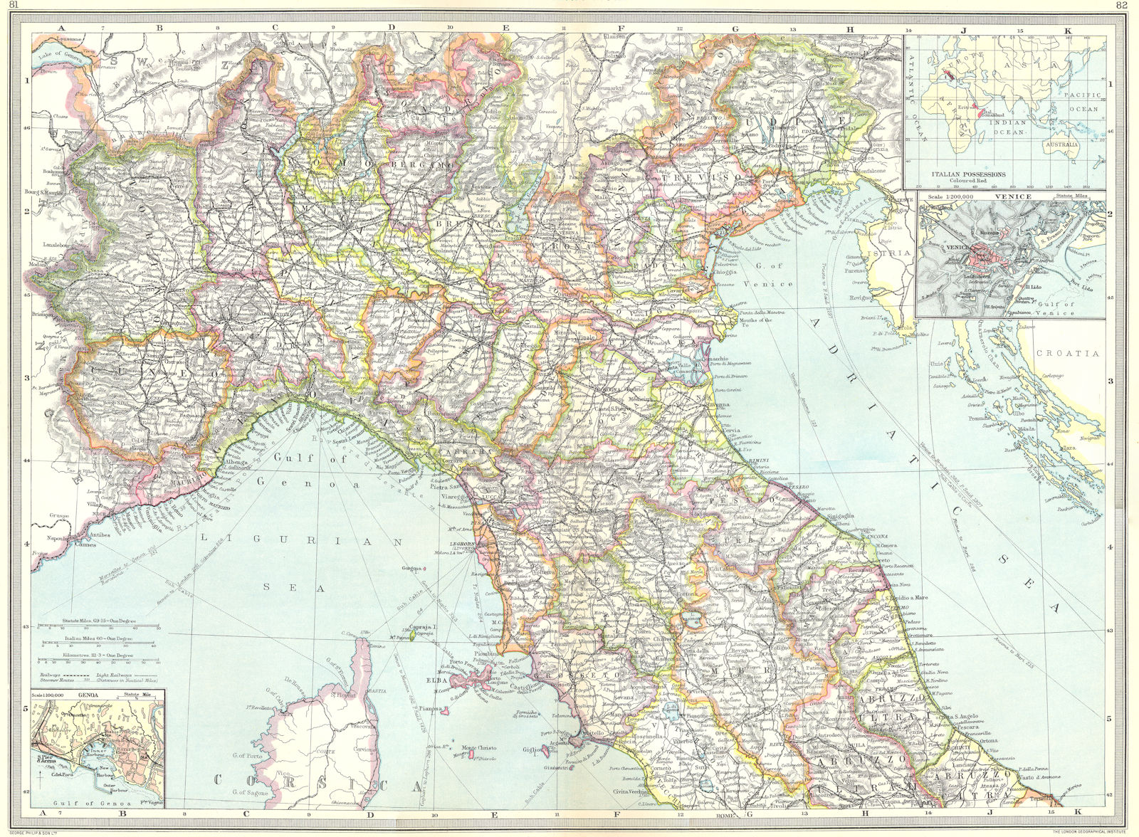 ITALY. Northern; maps of Italian Possessions; Venice; Genoa 1907 old