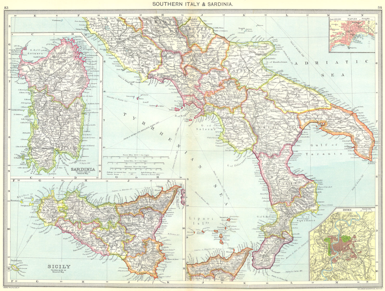 ITALY. Southern & Sardinia; maps of Naples; Sicily; Rome 1907 old antique