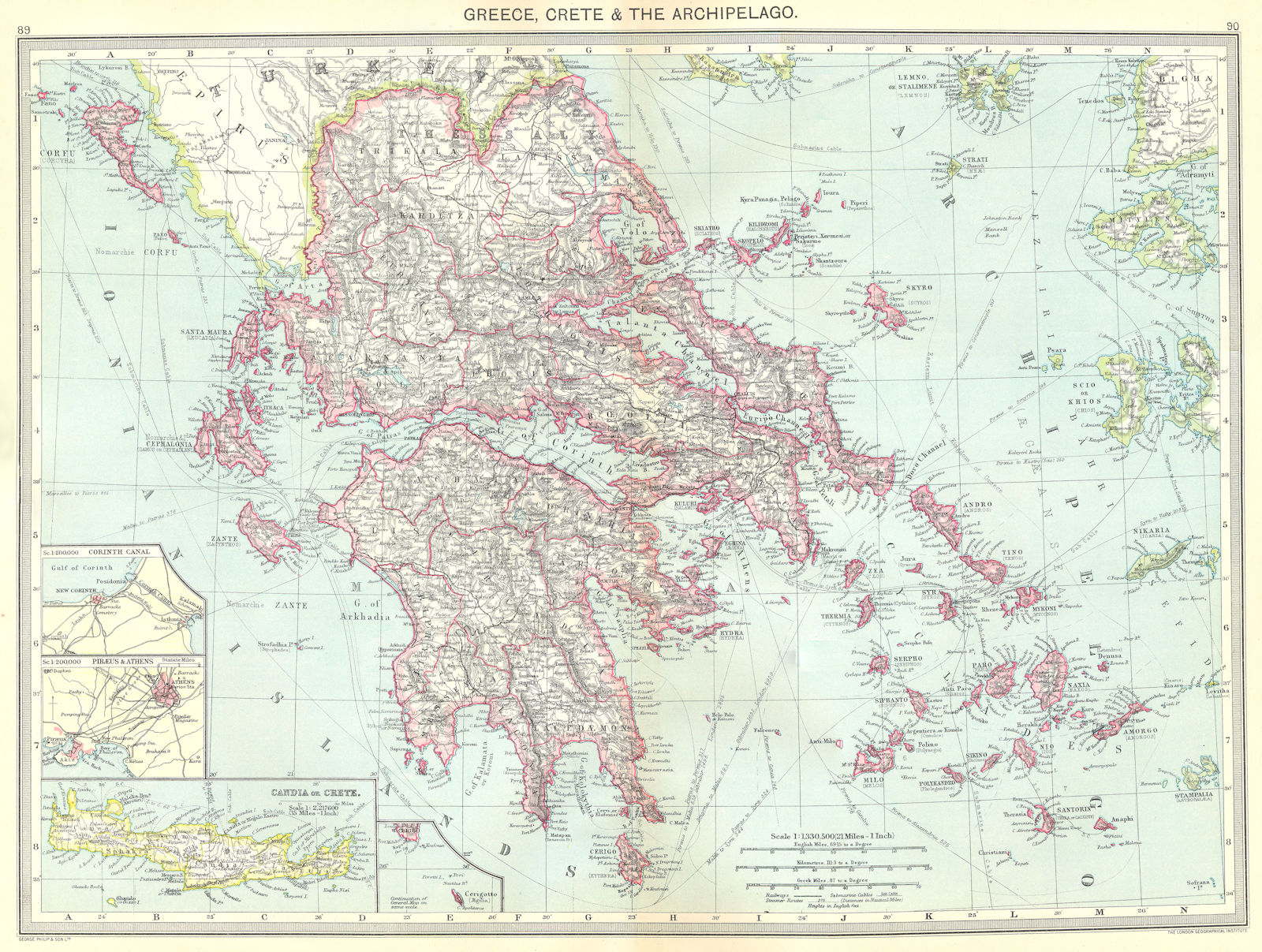 GREECE. Crete & Archipelago; maps of Corinth Canal; Piraeus & Athens;  1907