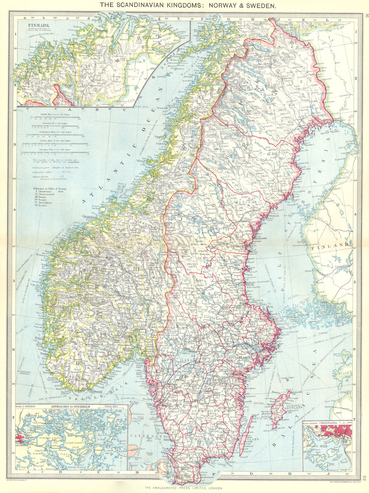 SCANDINAVIA. Norway and Sweden; Finmark; Stockholm; Oslo 1907 old antique map
