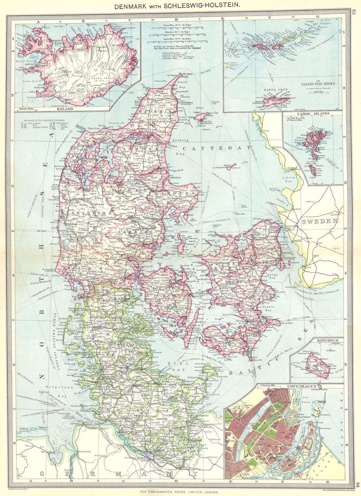 DENMARK. Schleswig-Holstein Iceland Virgin Islands Faroe Copenhagen 1907 map