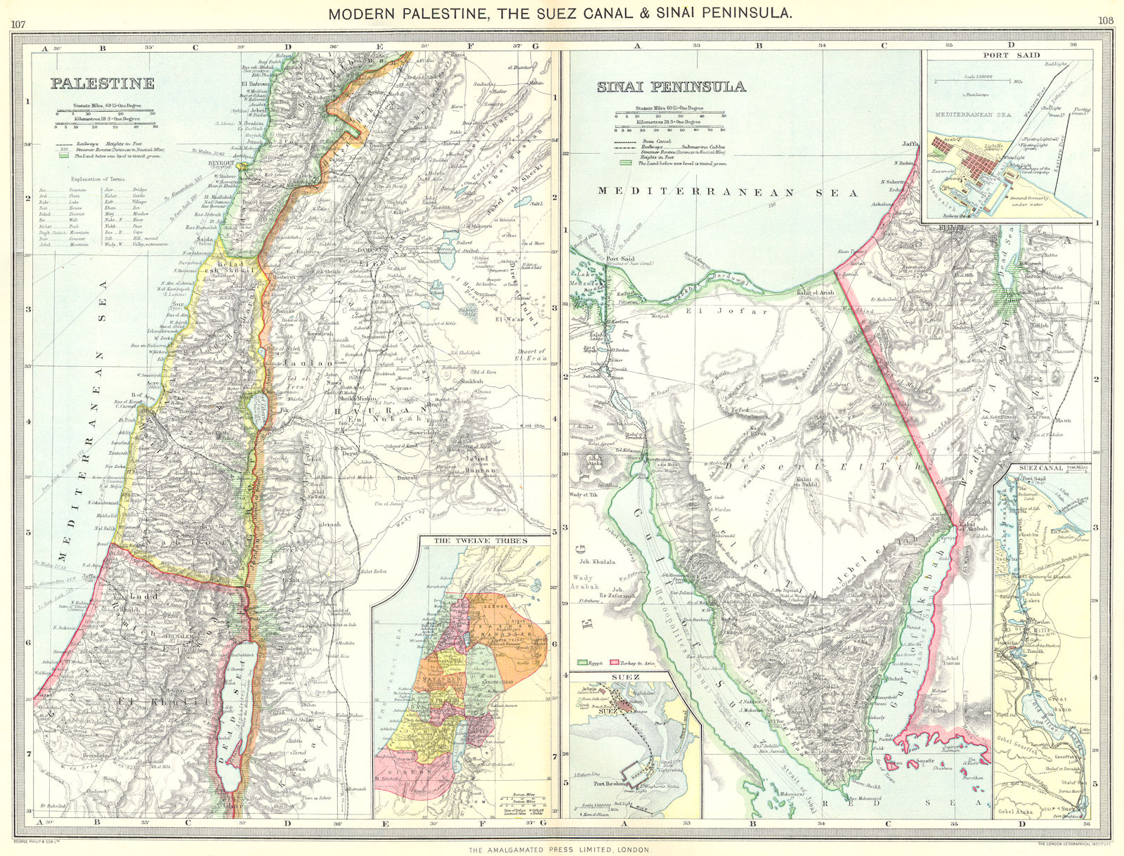 ISRAEL. Palestine; Sinai; port Said; Suez Canal; 12 Tribes 1907 old map