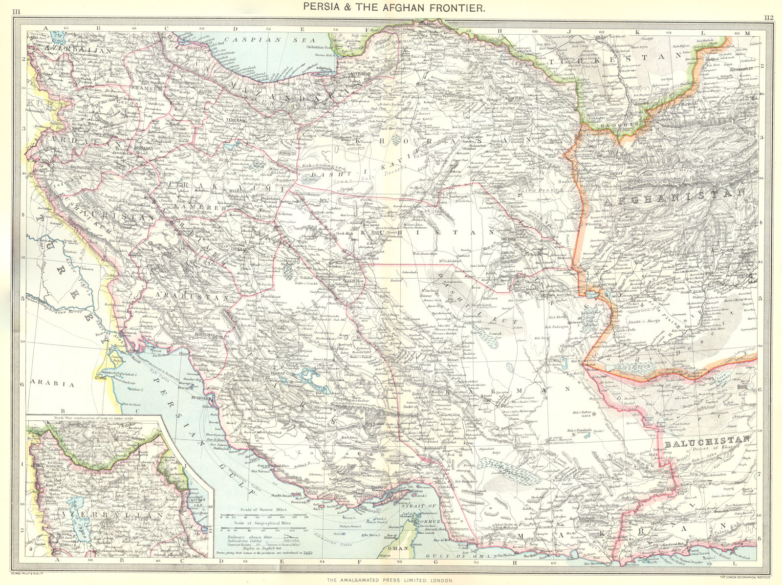 IRAN. Iran and the Afghan Frontier; Inset map of Azerbaijan 1907 old