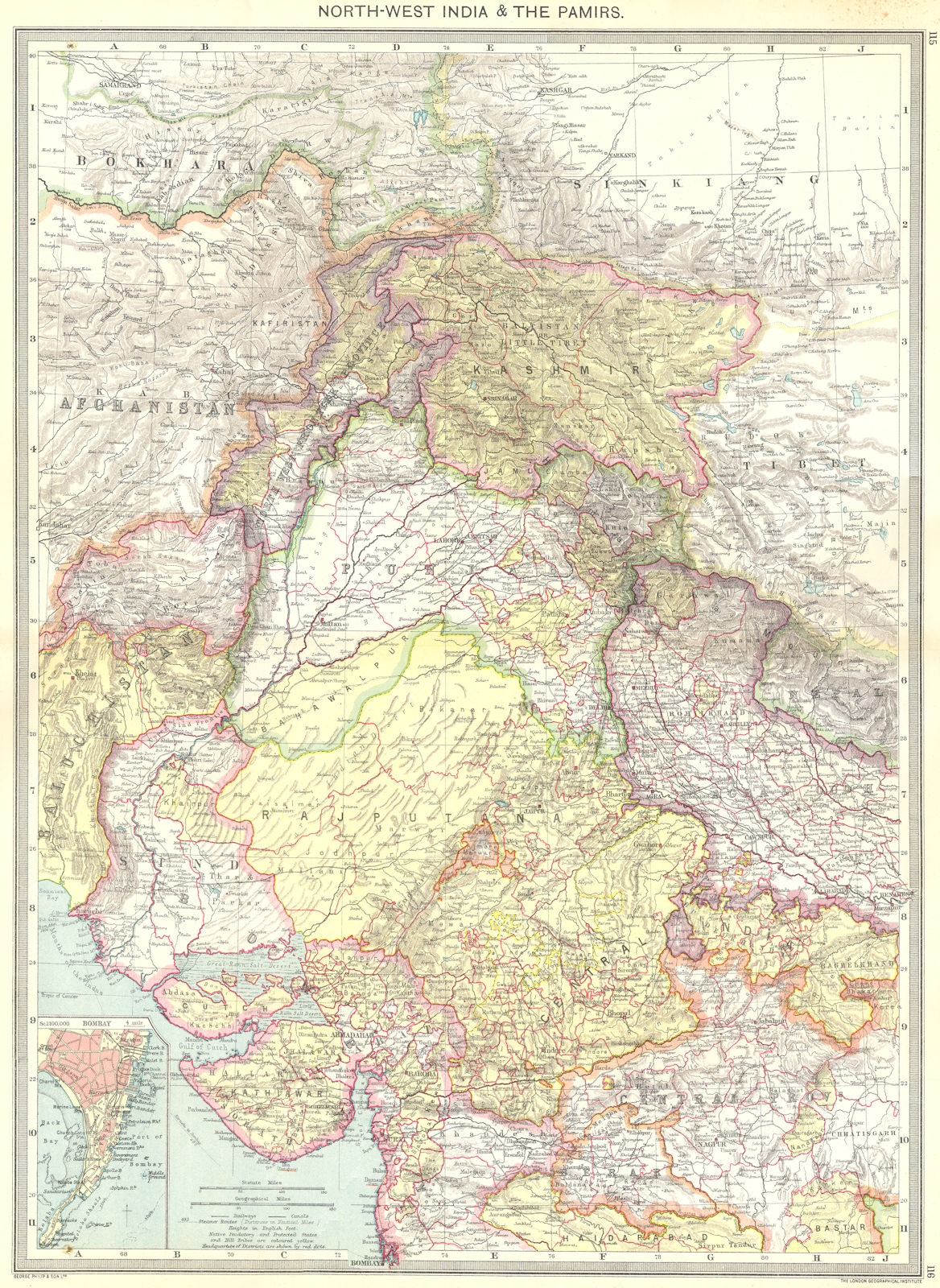 Associate Product INDIA. North-West India and The Pamirs; Inset map of Mumbai 1907 old