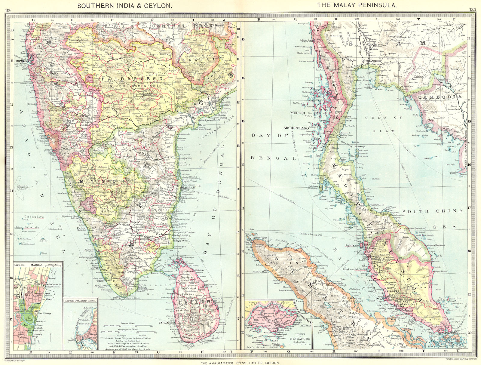 SOUTH INDIA. Sri Lanka; Malay Peninsula; Chennai; Colombo; Singapore 1907 map