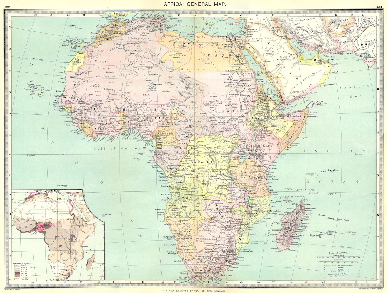 AFRICA. Africa. General Map; Inset map of Population map 1907 old antique