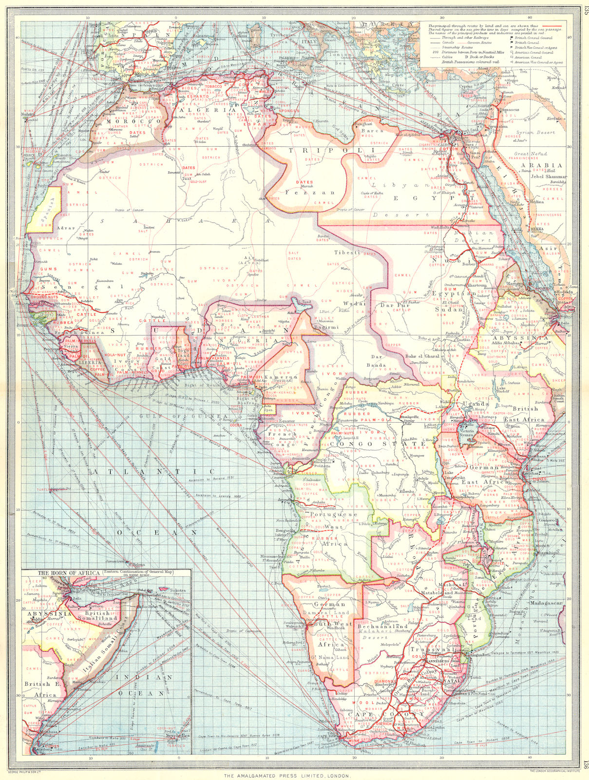 AFRICA. Industries & Communications; Horn of 1907 old antique map plan chart