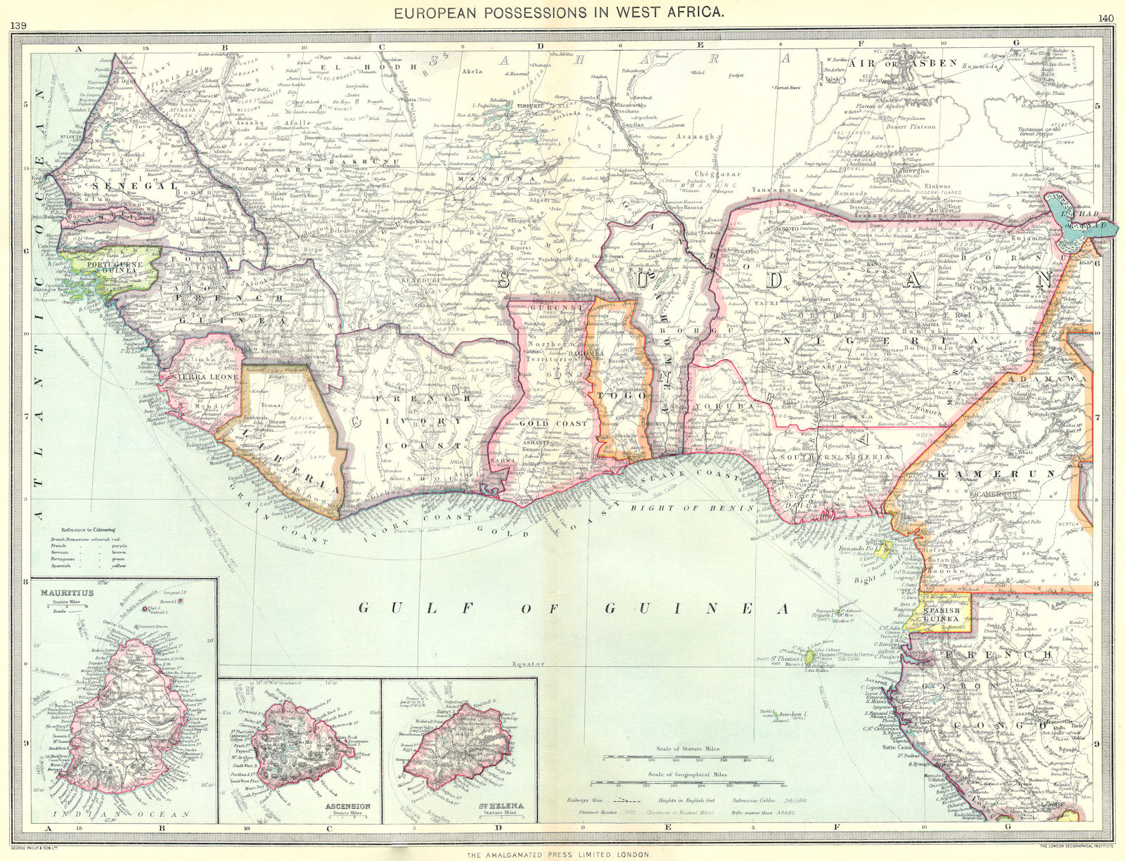WEST AFRICA. European colonies; Mauritius; Ascension; St Helena 1907 old map