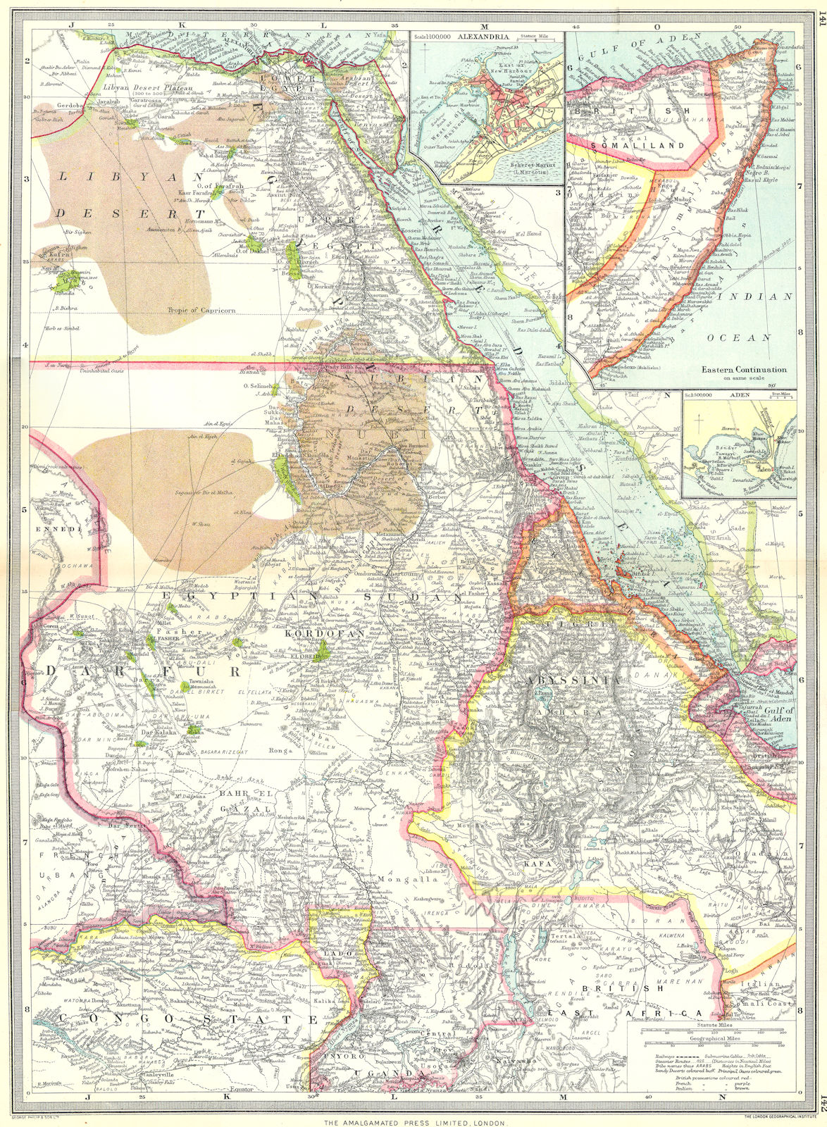 EGYPT SUDAN ABYSSINIA. Alexandria; Eastern Continuation; Aden 1907 old map