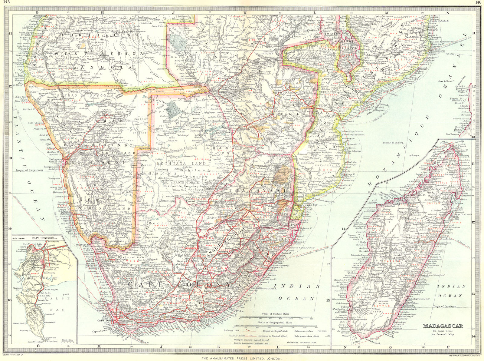 SOUTH AFRICA. Industry Communication; Madagascar; Cape Peninsula 1907 old map