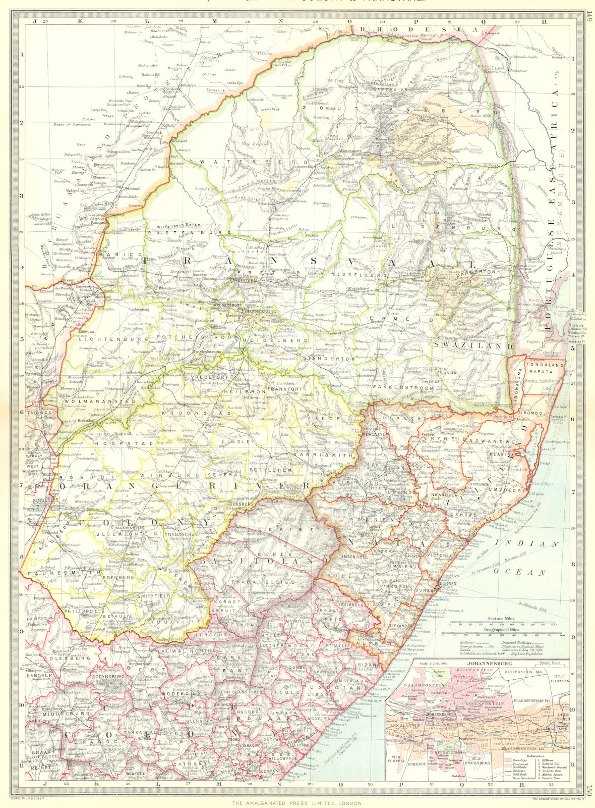 SOUTH AFRICA. Natal, Orange river Colony & Transvaal; map of Johannesburg 1907