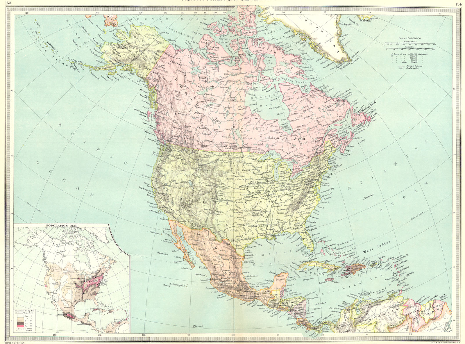 NORTH AMERICA. map of population 1907 old antique vintage plan chart