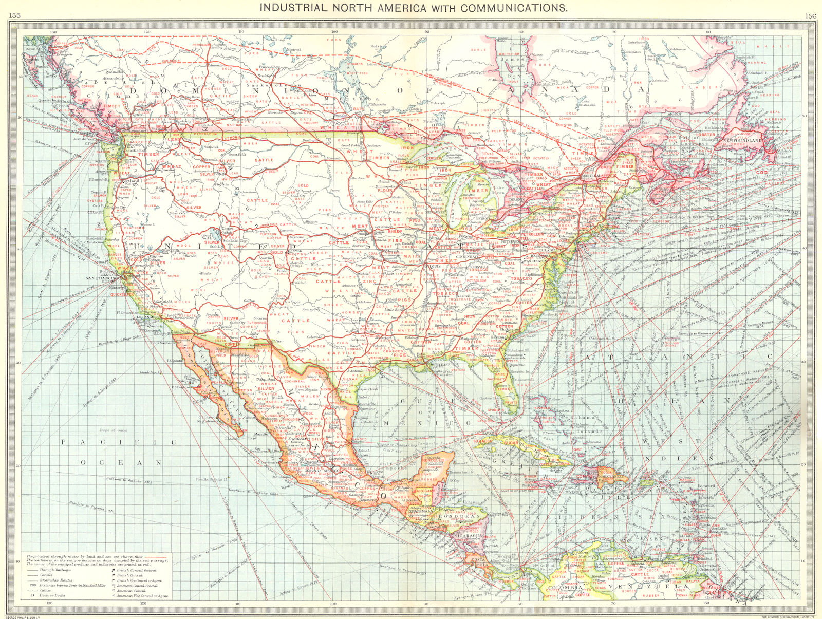 NORTH AMERICA. Industrial North America. with Communications 1907 old map