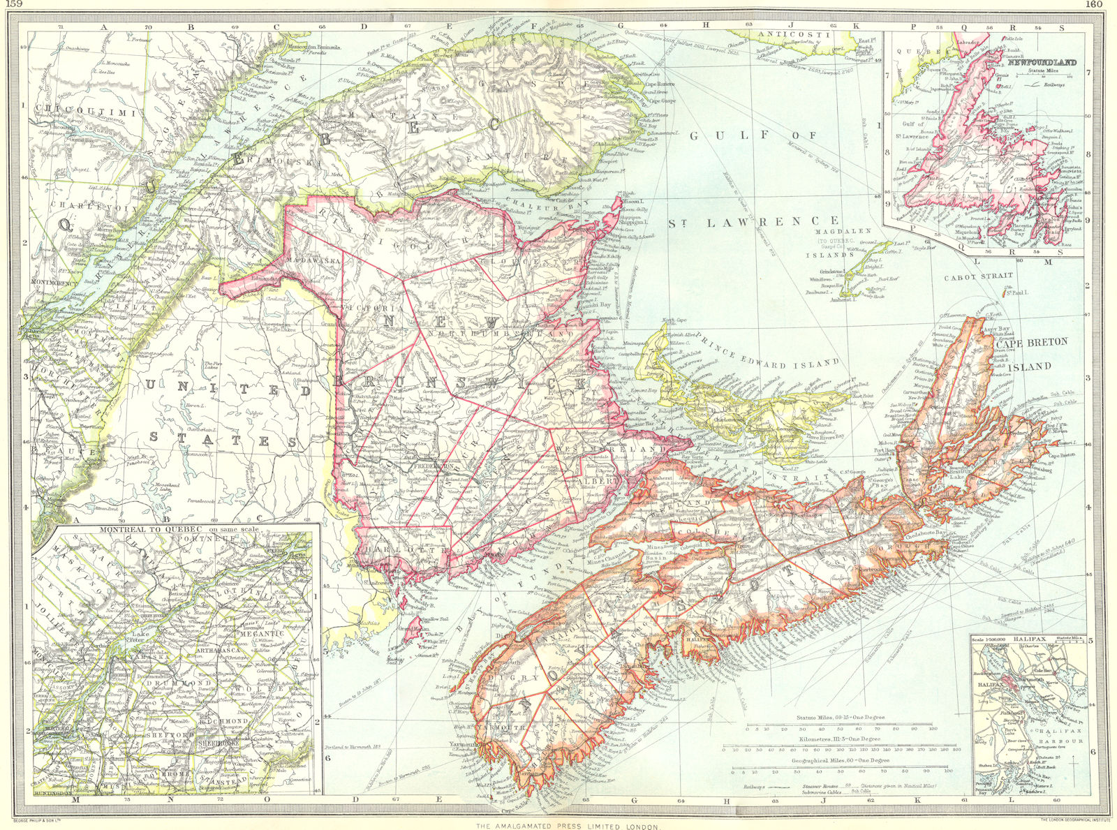 CANADA. Maritime Provinces; Newfoundland; Montreal to Quebec; Halifax 1907 map