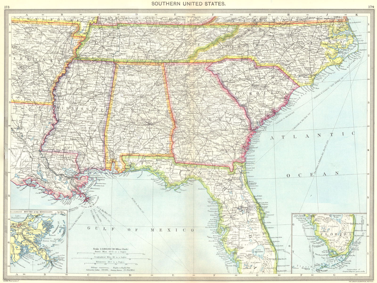 USA. Southern US; maps of Mouths Mississippi; Florida 1907 old antique