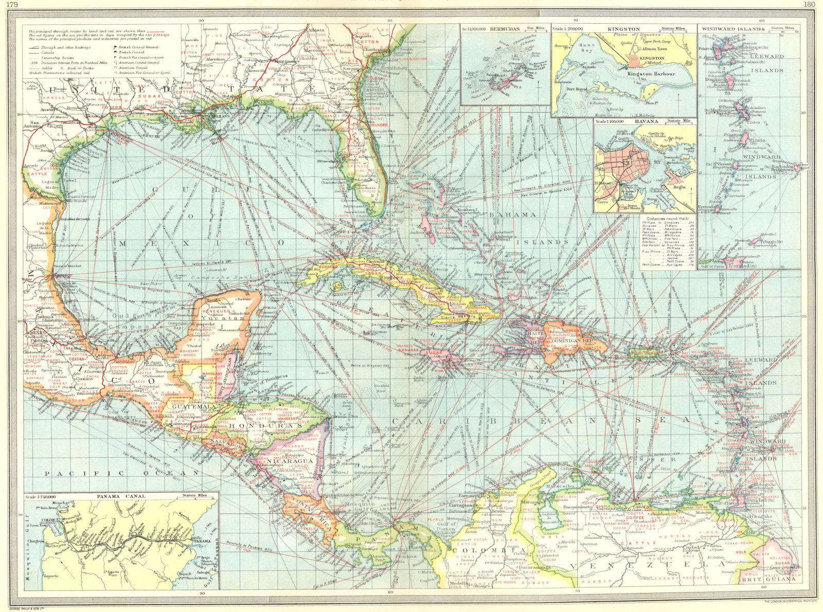 CARIBBEAN CENTRAL AMERICA. Industry & Comms; Panama Canal; Bermuda 1907 map