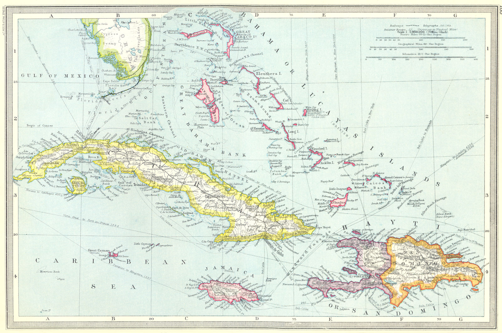 WEST INDIES. Greater Antilles. Cuba Hispaniola Bahamas 1907 old antique map