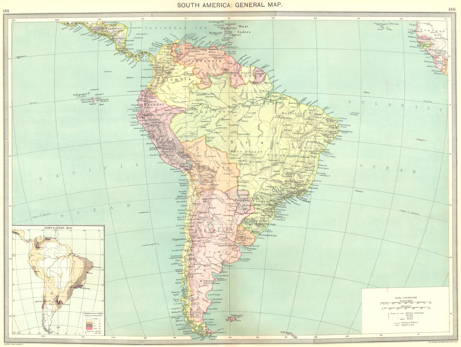 SOUTH AMERICA. map of population 1907 old antique vintage plan chart