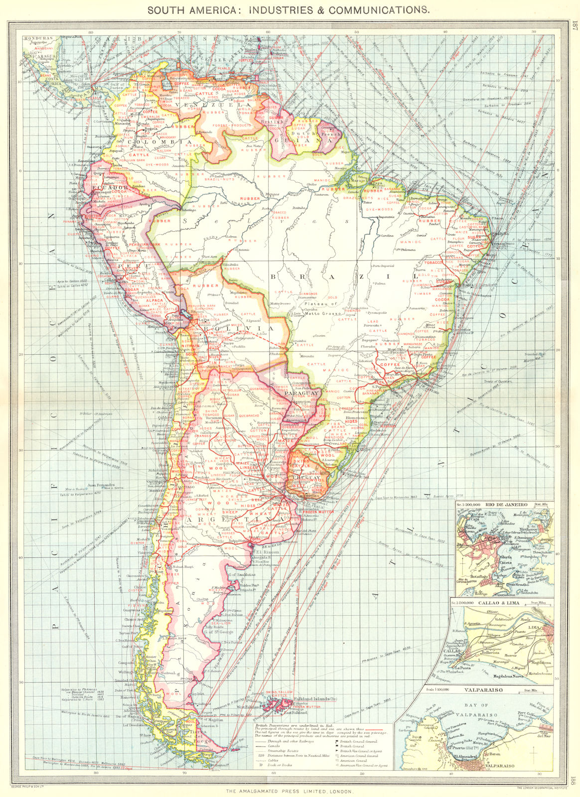 SOUTH AMERICA. Communications; Rio de Janeiro Callao Lima Valparaiso 1907 map