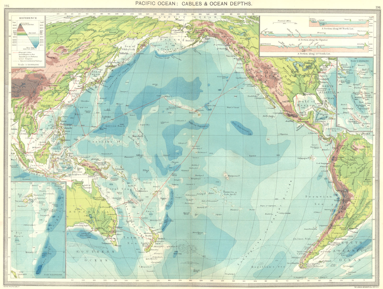 PACIFIC OCEAN. Cables & Depths; maps of Fiji Islands; New Hebrides 1907