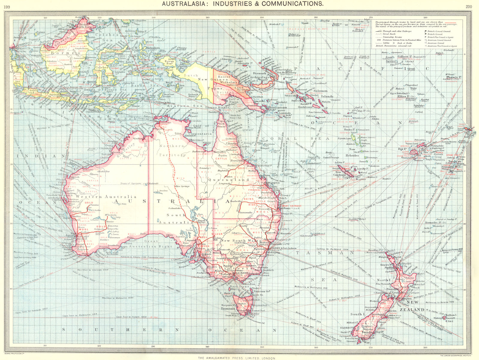 Associate Product AUSTRALASIA. Australia. Industries and Communications 1907 old antique map