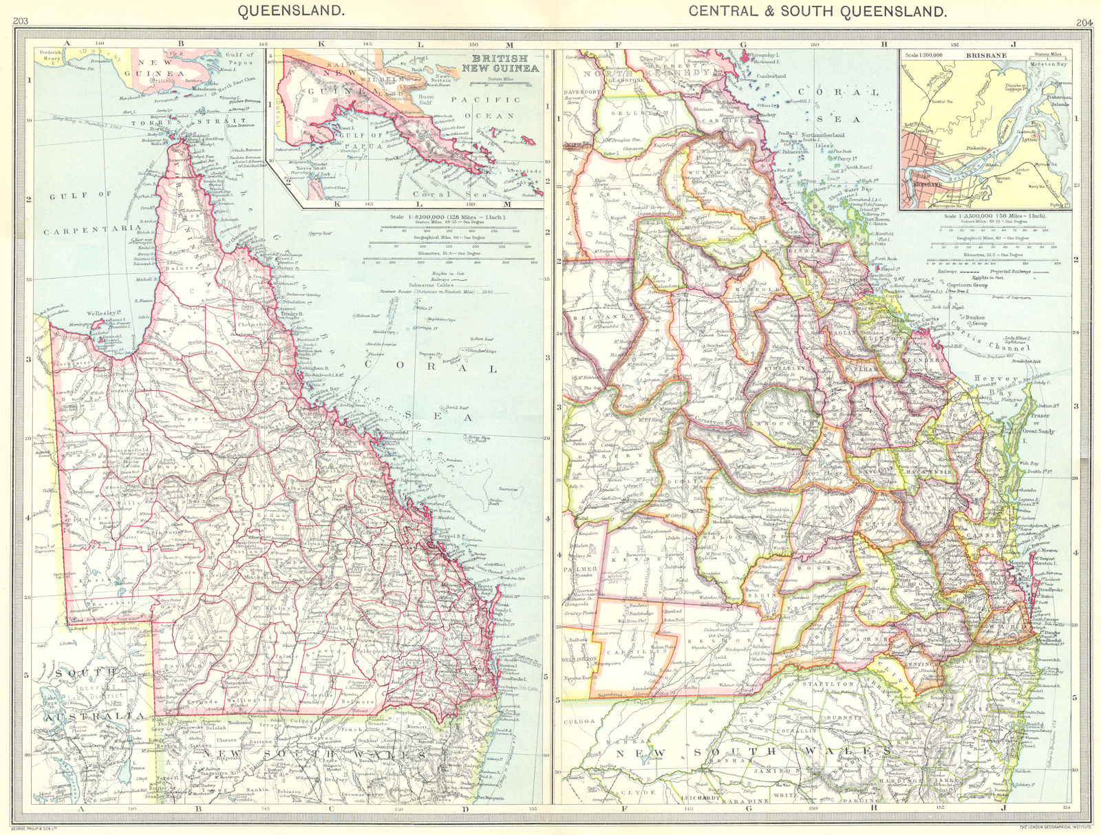 AUSTRALIA. Queensland; Central & south; British New Guinea; Brisbane 1907 map