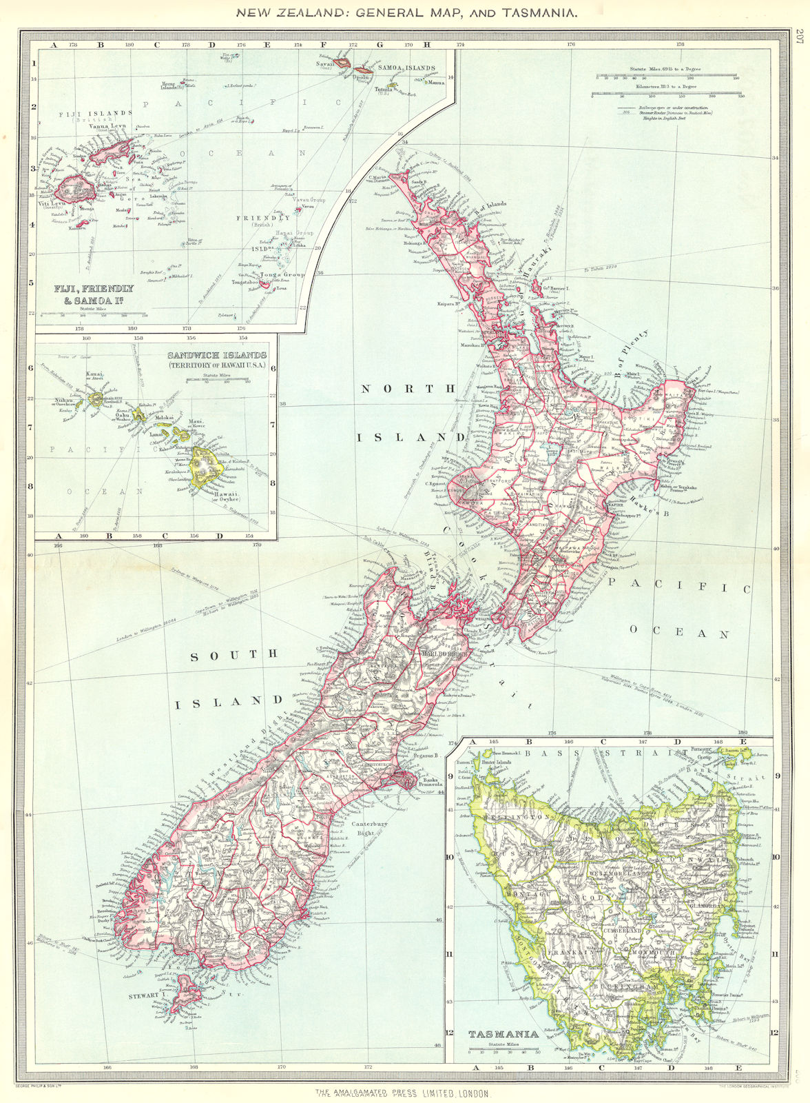 NEW ZEALAND. Tasmania Fiji Friendly Samoa Sandwich Hawaii Islands 1907 old map