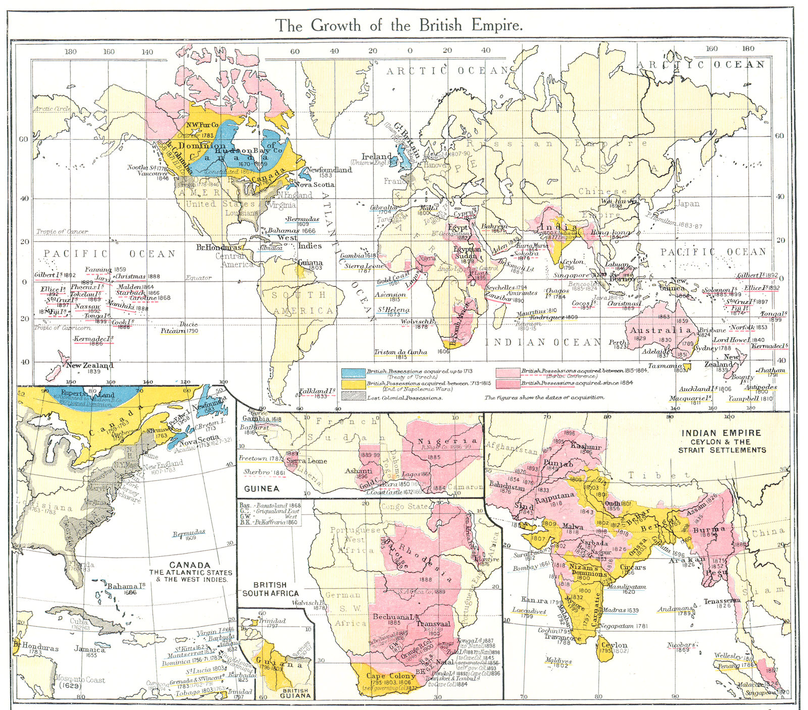 BRITISH EMPIRE. Canada, West Indies; Guinea; South Africa; India 1907 old map