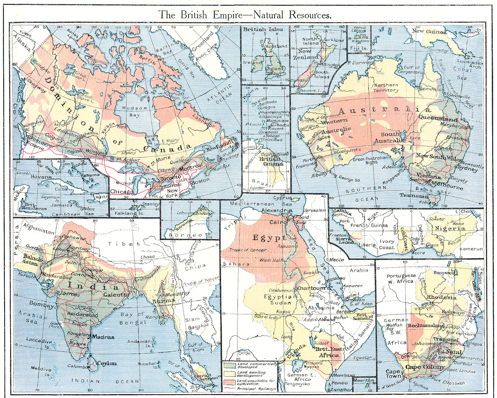 BRITISH EMPIRE. Natural Agricultural Resources Australia India Canada 1907 map