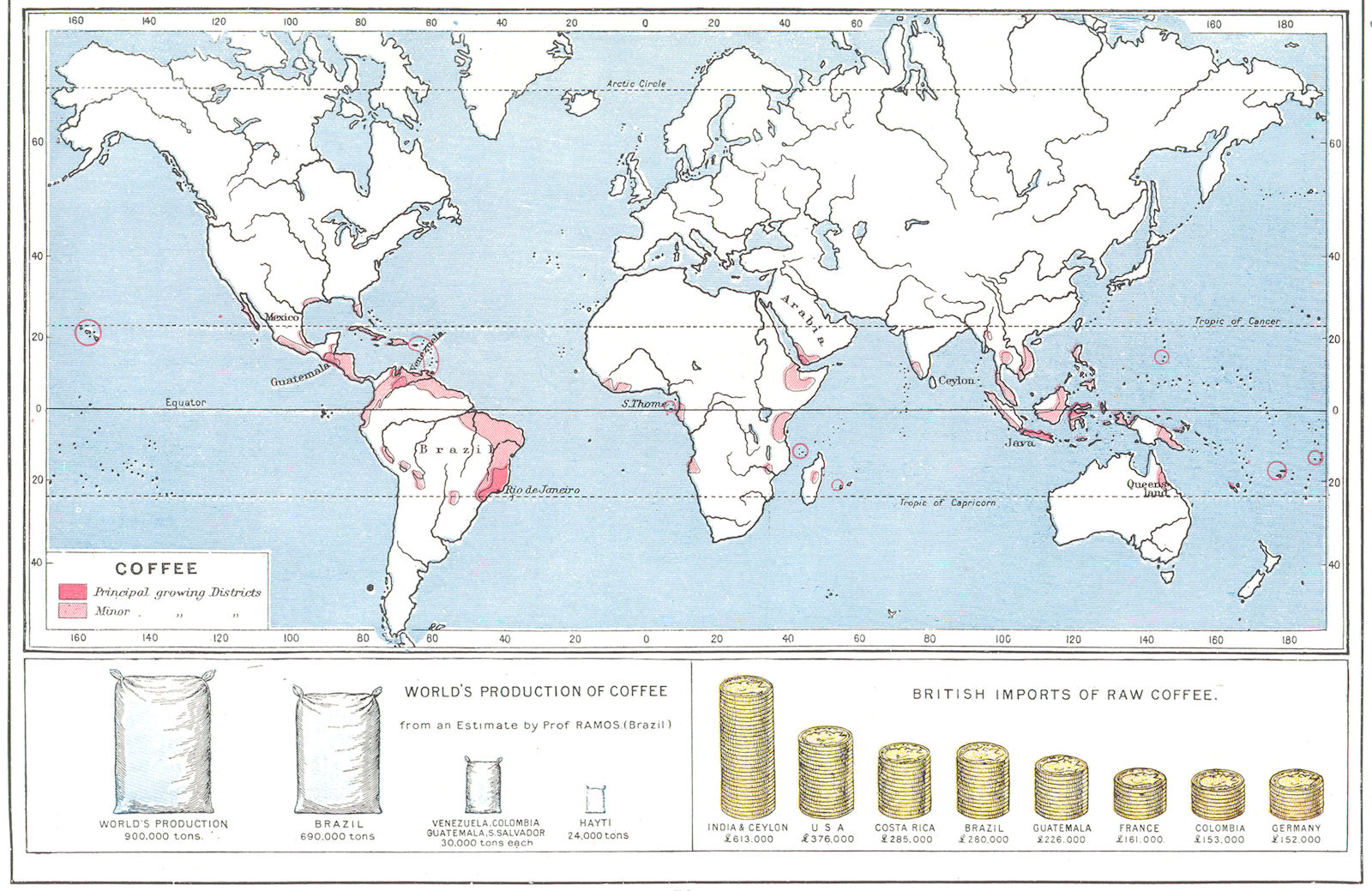 WORLD. Commodities - Production & sources of Coffee 1907 old antique map chart