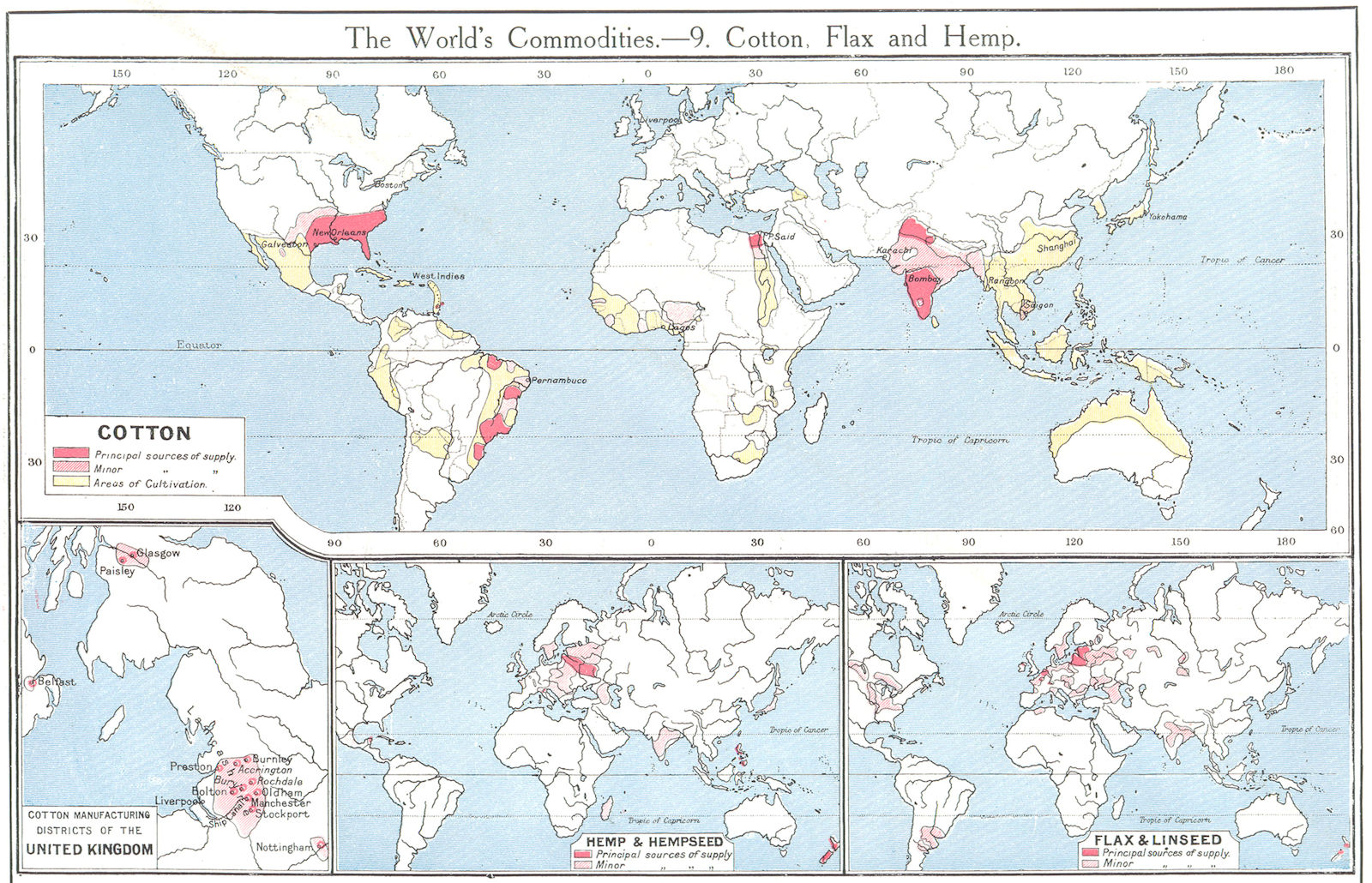 WORLD. Commodities - Cotton Hemp & Hempseed; Flax & Linseed; UK 1907 old map