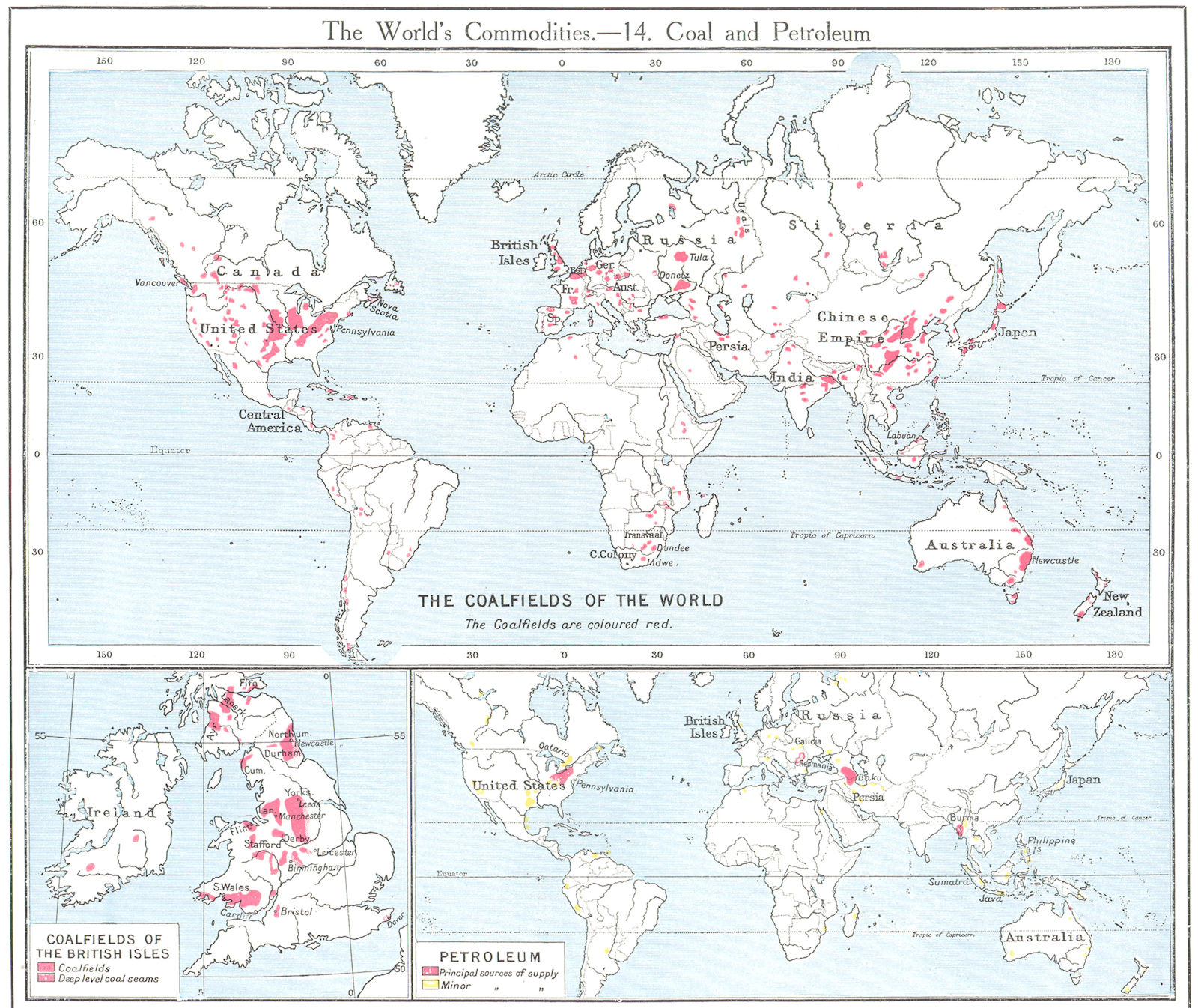 Associate Product WORLD. Commodities - Coalfields & petroleum sources. British Isles 1907 map