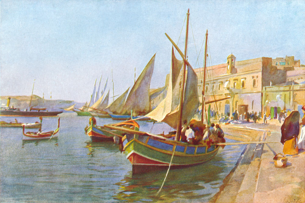 MALTA. Gozo boats alongside quay in Grand Harbour (Dingli) 1927 old print