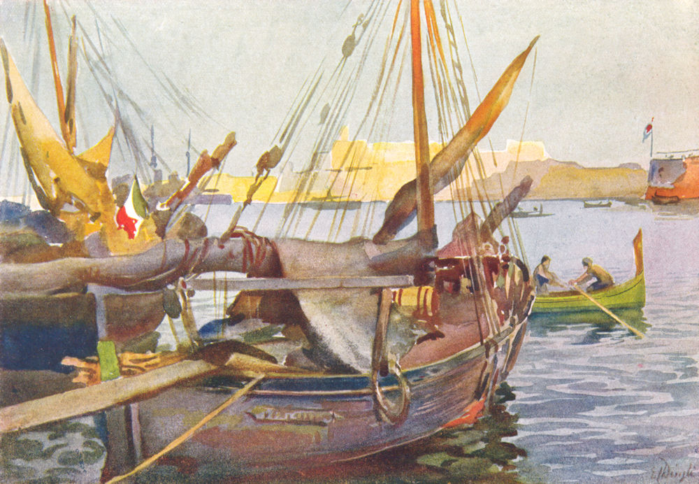 MALTA. Schooners from Sicily in Grand Harbour (Dingli) 1927 old vintage print