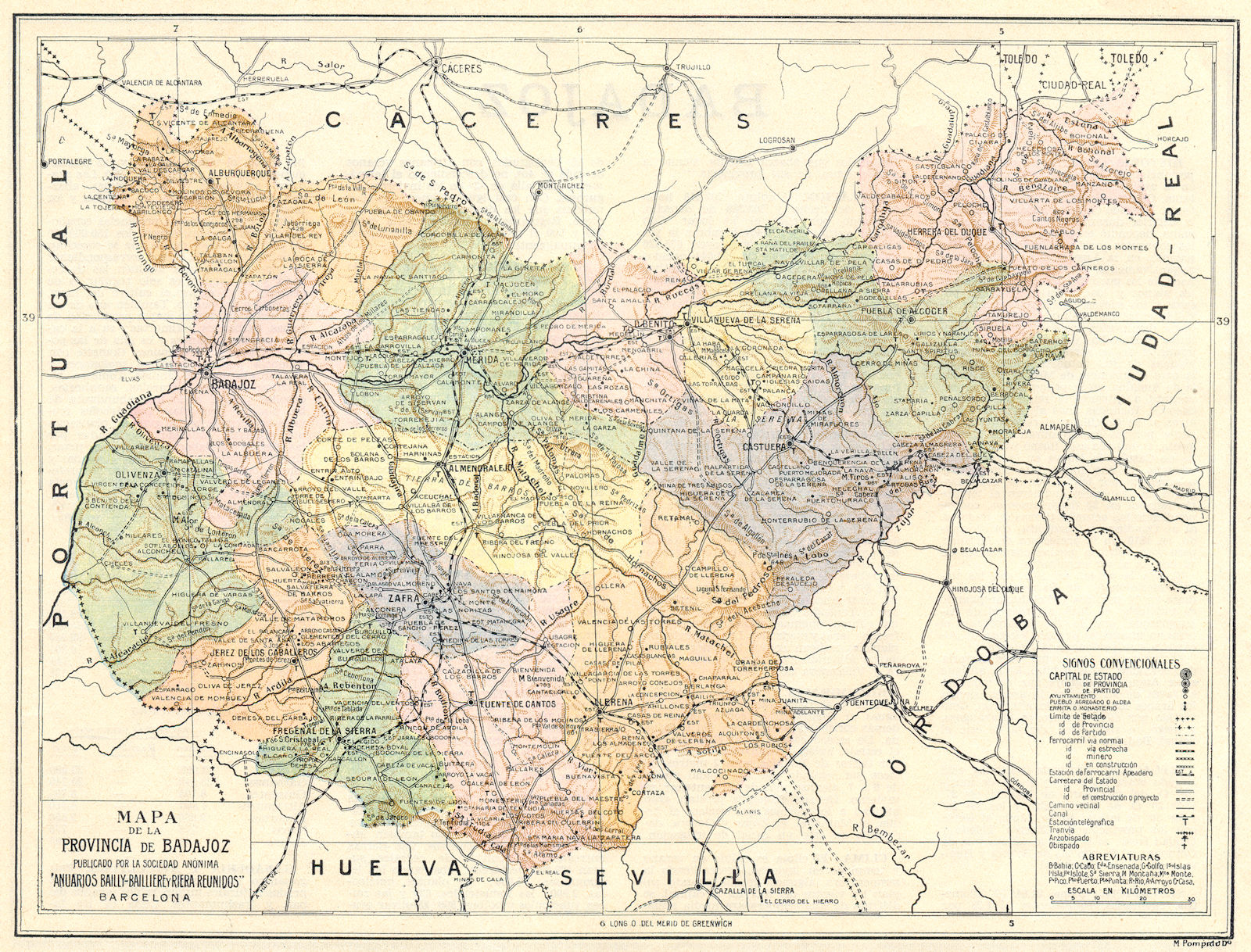 SPAIN. Mapa de la Provincia de Badajoz 1913 old antique vintage plan chart
