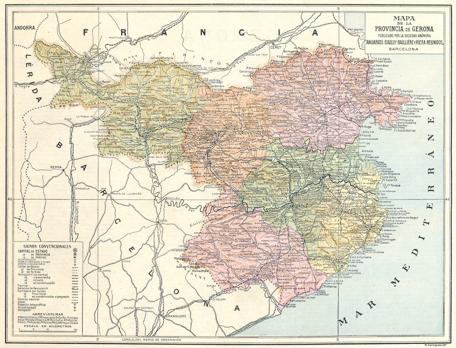 Associate Product SPAIN. Mapa de la Provincia de Gerona 1913 old antique vintage plan chart