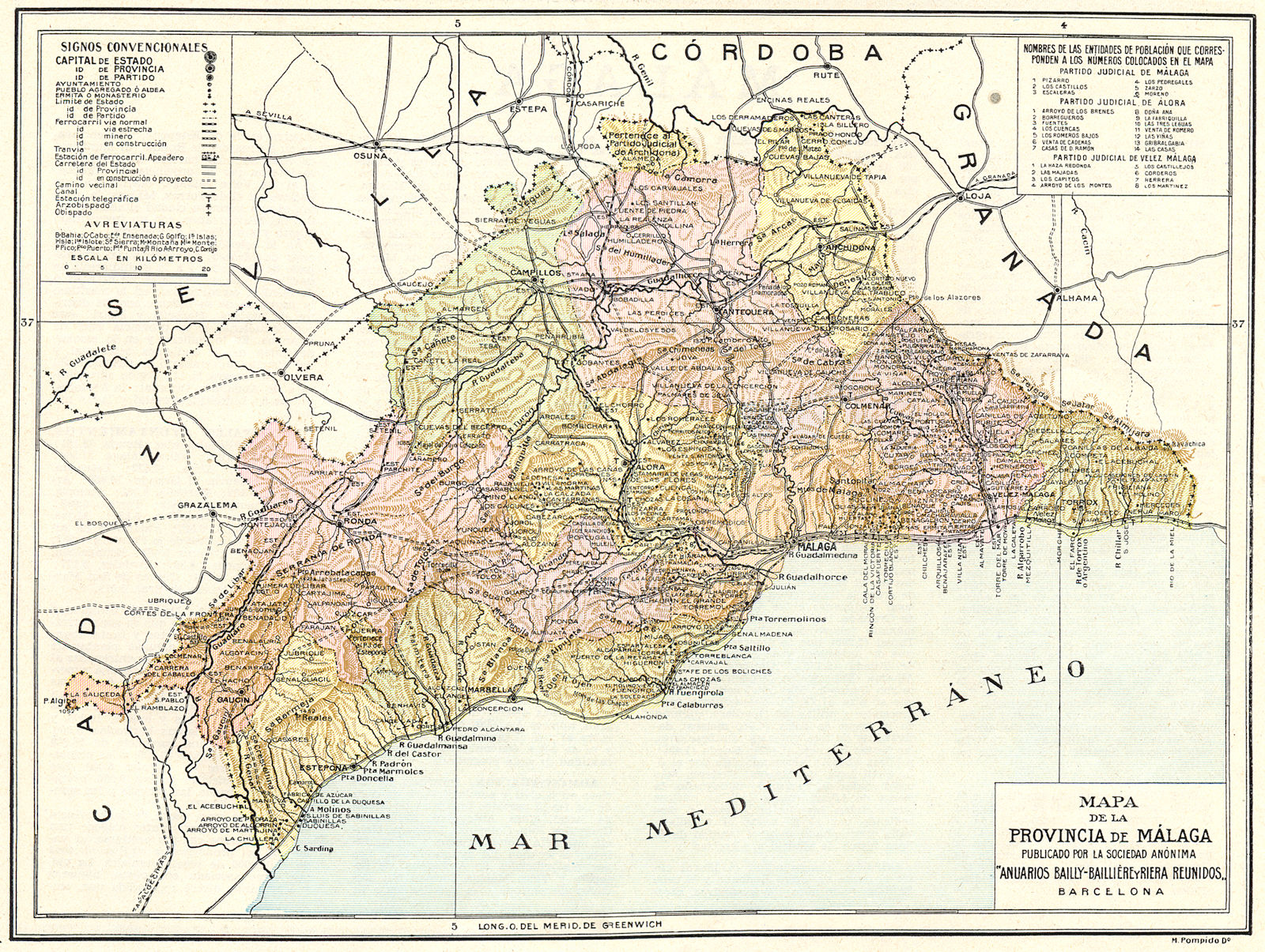 SPAIN. Mapa de la Provincia de Malaga 1913 old antique vintage plan chart